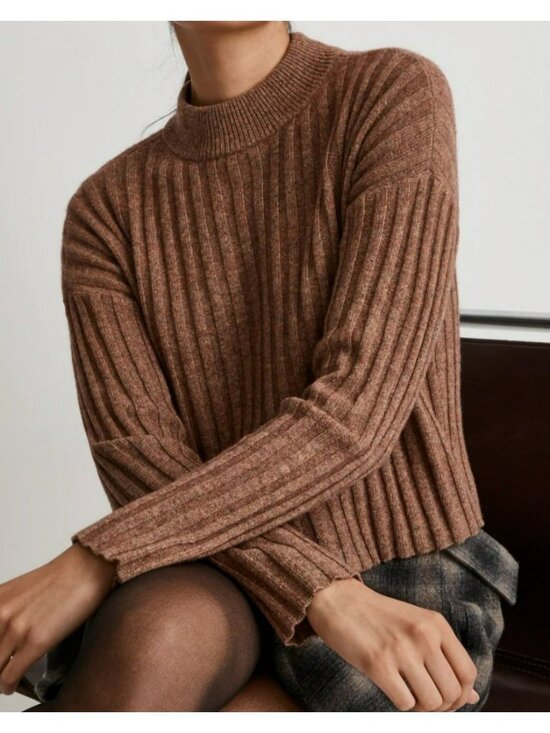Madewell Sweaters - Madewell Mockneck Crop Sweater Womens Size XL Brown Wool Blend Ribbed Pullover